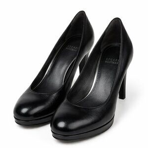 Stuart Weitzman Black Leather Pumps Classic Round Toe Heel Size 7 Spain Cocktail